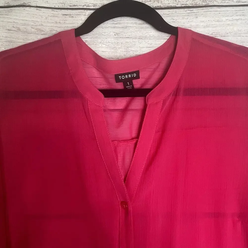 Torrid Chiffon Buton Down Size 1X Long Sleeve Blouse Pink BOHO - Picture 5 of 16